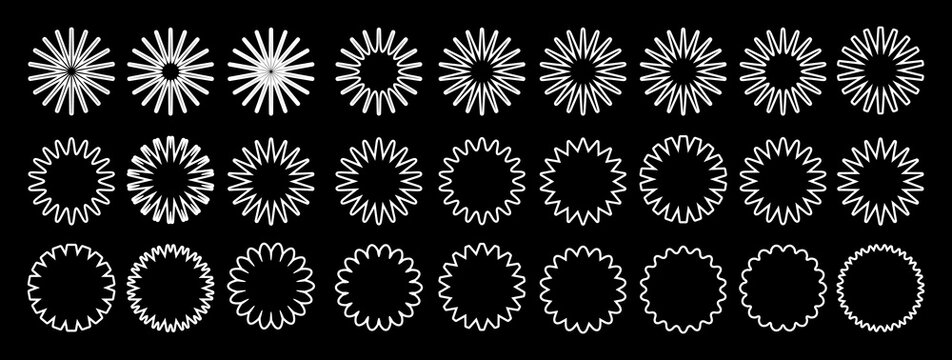 Set of white stars icons. Star shapes collection. Minimalist simple stars pack. Christmas star objects isolated on black background. Vector illustration