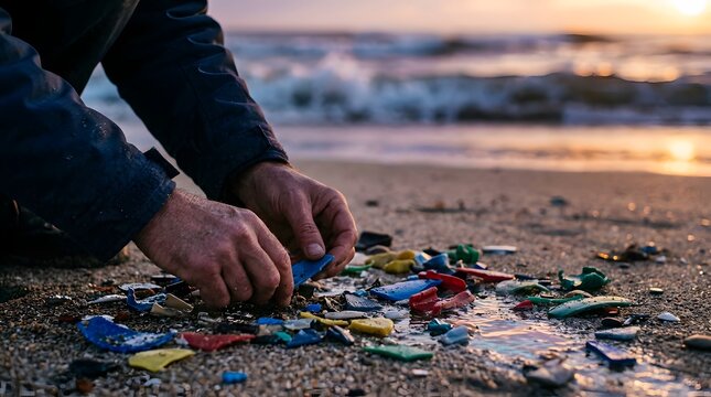 Cinematic shot of hands picking up plastic debris on a beach at sunset.