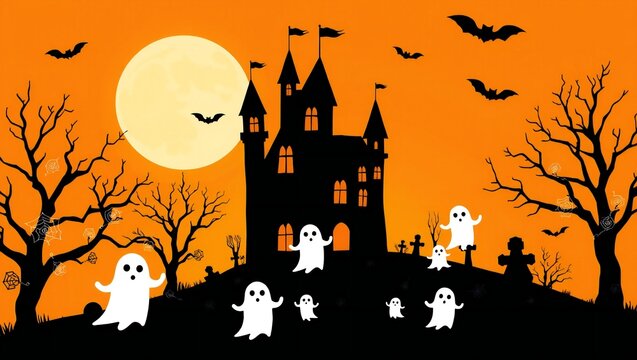 Spooky haunted castle with ghosts flying in a night forest for halloween