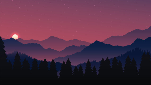 Pink sunset mountain landscape background with glowing sun, mountain range silhouette, pine forest, and twilight sky for nature banner design.