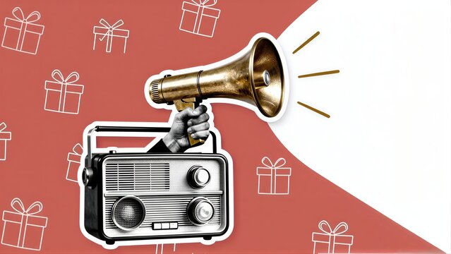 Handheld megaphone blasts gift announcements from vintage radio against festive backdrop.