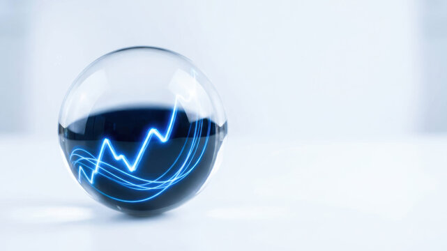 Analytics concept with blue data graph inside glass sphere suggests AI forecasting and digital market growth for business strategy and finance