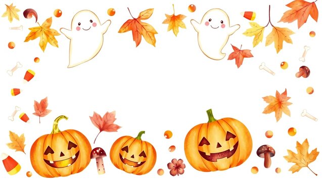 Cute halloween border frame with smiling pumpkins ghost characters and colorful autumn maple leaves