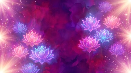 Fototapeta premium Neon lotus flowers bloom across a dark purple surface accompanied by glowing rays and sparkling dots.