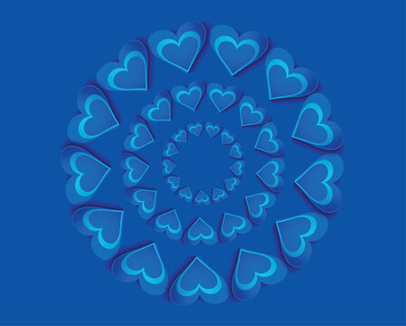 A vector illustration featuring concentric circular rings of layered blue hearts with drop shadow effects against a blue background