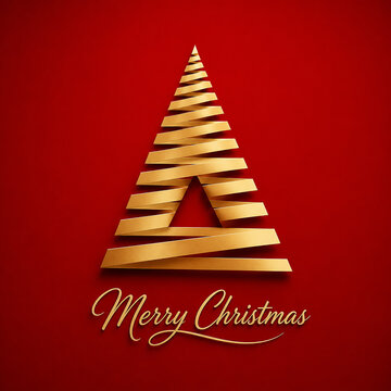 Minimalist golden Christmas tree crafted from folded paper ribbons against a deep red textured background featuring elegant cursive typography for holiday greeting cards and festive seasonal winter ce