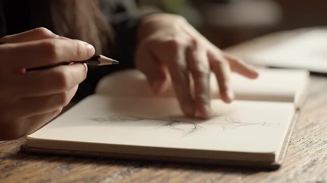 Close up of a person drawing with a pencil in a sketchbook on a wooden table