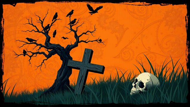 Spooky halloween graveyard scene with a bare tree crows a wooden cross and a human skull under a dark orange sky