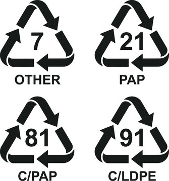 Set of black recycling symbols with numbers for plastic and paper packaging materials