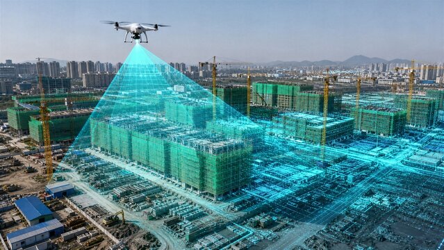 Future Construction Site: A drone hovers above a sprawling construction site, projecting a futuristic holographic blueprint onto a partially built skyscraper.