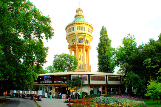 BUDAPEST, HUNGARY - AUGUST 31, 2025: Margaret Island Water Tower. Also named Margitszigeti viztorony, built in 1911 in the Art Nouveau style, standing 57 meters tall and being a protected UNESCO site