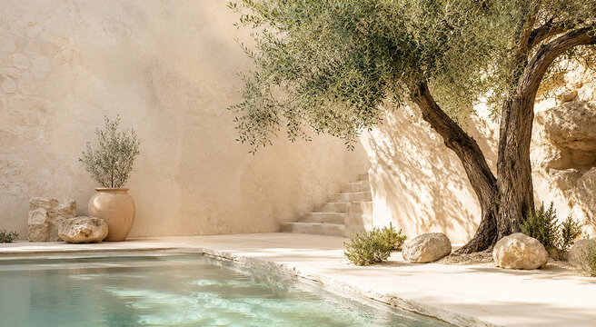 Luxury Mediterranean Villa Swimming Pool and Olive Tree Oasis