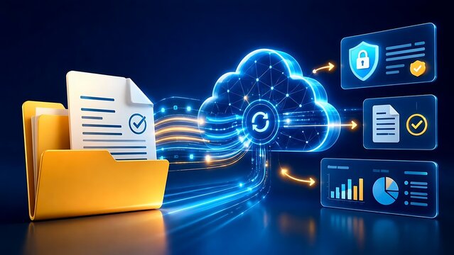 Digital document transferring data through light trails into a glowing cloud computing network connected to secure analytics panels