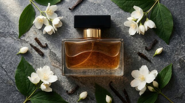 A glass bottle of perfume surrounded by white jasmine and vanilla flowers.