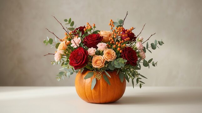 Fall flower arrangement with a pumpkin vase for Thanksgiving and Halloween decoration.