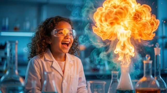 Funny little girl conducting science experiments in a laboratory with a colorful explosion.