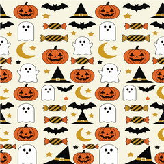 Obraz premium Seamless pattern background with cute Halloween icons like pumpkins ghosts bats and candy.