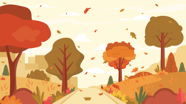 Autumn landscape background with falling leaves, colorful trees, country road, and warm sky illustration for seasonal banner and poster design.