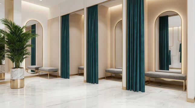 Elegant fitting rooms inside a luxury clothing store interior.