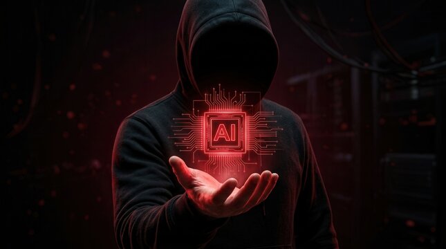 Suspicious person in a black hoodie holding a glowing red digital AI symbol hologram.
