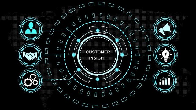 Digital customer insight interface with animated hud global business data analytics, marketing strategy and futuristic technology network connectivity for corporate marketing presentations