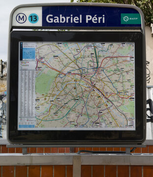 PARIS, FRANCE - SEPTEMBER 1, 2026 - Paris Metro sign with RATP logo displaying a detailed subway map for local travel