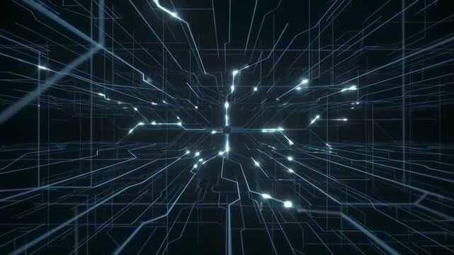 Abstract AI decision-making network where incoming information follows dynamically activated computational pathways toward an output.