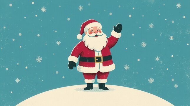 Vintage illustration of Santa Claus waving his hand in the snow.