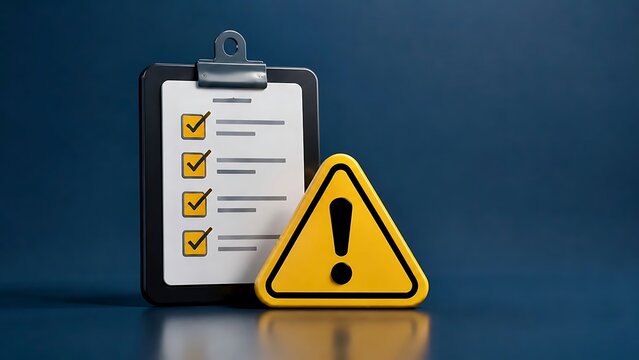 Clipboard with checklist and yellow warning triangle sign representing risk assessment compliance and safety inspection concept.