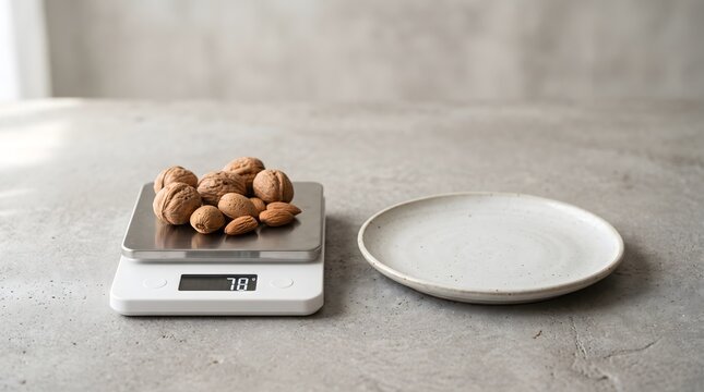 Kitchen scale weighing food portion beside empty plate, personalized nutrition and precise portion control concept