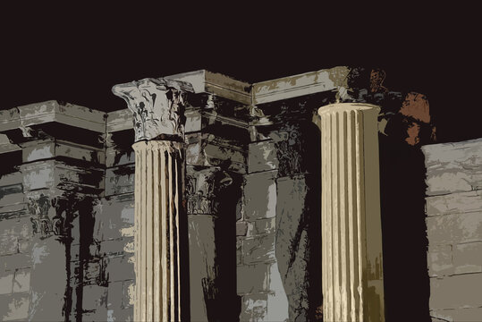 Ancient Roman columns with Corinthian capitals at night graphic illustration poster style