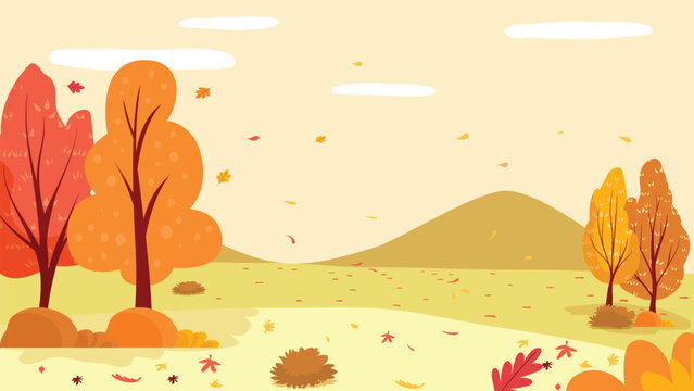 Autumn landscape background with falling foliage, orange trees, distant hills, and warm sky illustration for seasonal banner and poster design.