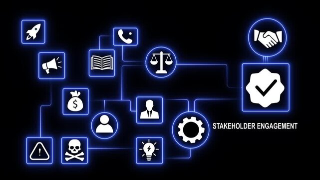 Dynamic stakeholder engagement infographic animation featuring glowing blue digital network nodes, corporate strategy business management workflow, success checkmarks, and connectivity