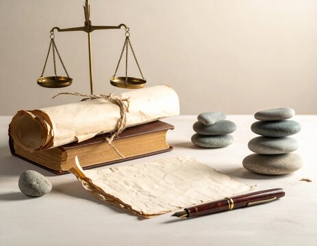 Golden Scale of Justice with Rolled Parchment and Fountain Pen