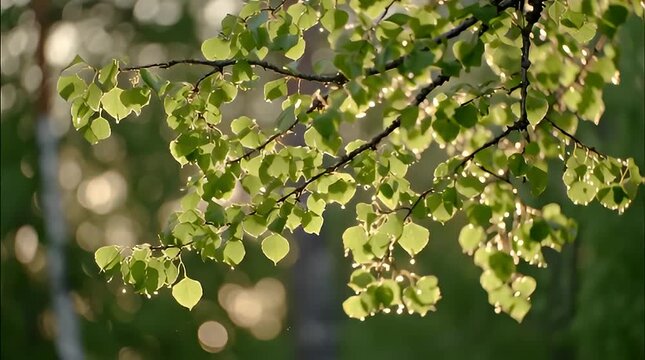Sunlight filters through vibrant green aspen leaves on a spring morning creating a bokeh effect and conveying freshness growth and natural beauty for your design project
