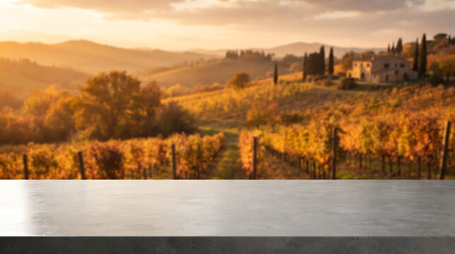 Tuscan vineyard landscape background with empty concrete tabletop