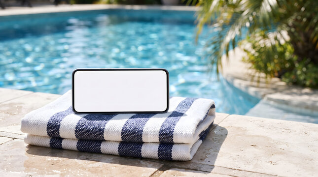 Smartphone mock up screen by swimming pool advertising material