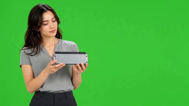 Woman holding car battery module in front of green screen