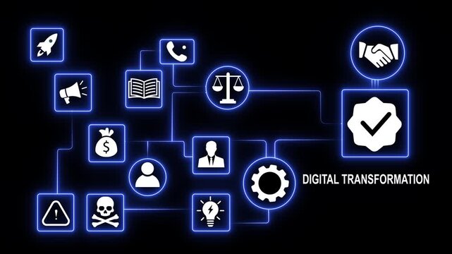 Dynamic digital transformation concept featuring glowing neon network infographic representing business strategy, corporate innovation, modern technology integration, and global connectivity solutions