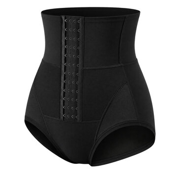 black high waisted body shaper with front hook and eye closure compression garment for waist slimming and tummy control