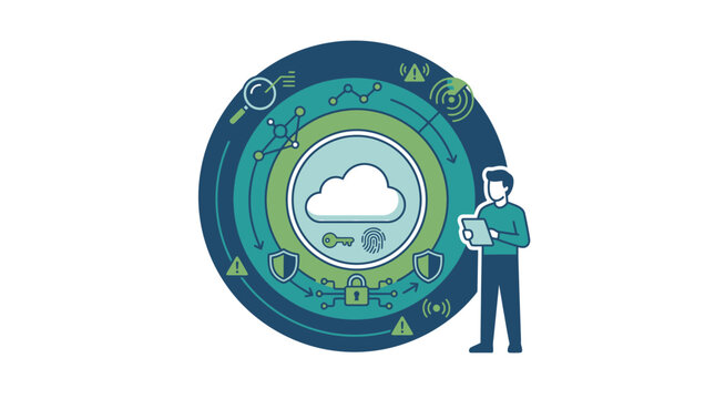 Cloud security system graphic showing data protection and network safety features.