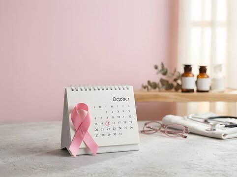 Breast cancer awareness month banner with October calendar, pink ribbon and wellness items
