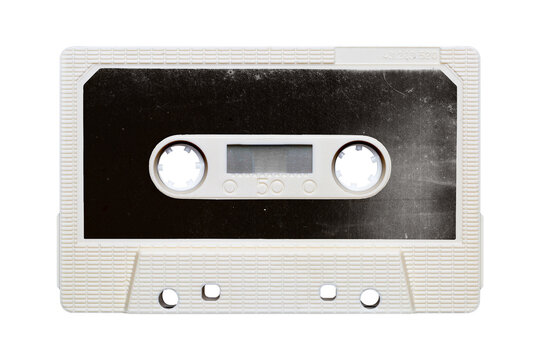 Vintage white audio cassette tape. Blank black label. png isolated on transparent background