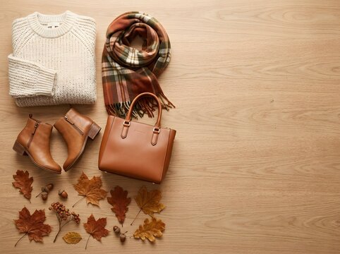 Cozy autumn winter fashion outfit flat lay on light wooden background with scarf and boots