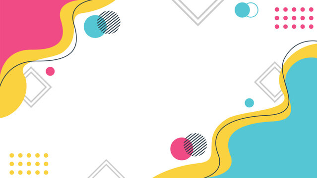 Abstract memphis background with colorful wavy liquid shapes, geometric elements, dots, and copy space illustration for presentation banner.