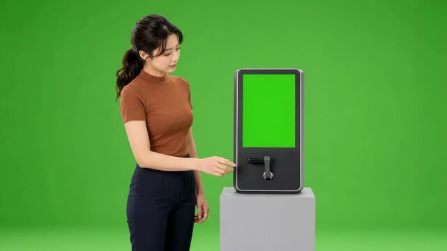 Woman operating a modern kiosk machine with a green screen on a green