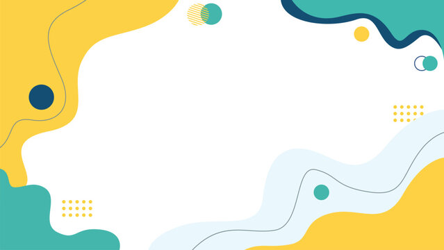 Abstract liquid fluid background with yellow and green wavy shapes, dots, lines, and central copy space illustration for corporate presentation banner.