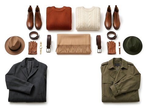 Men autumn winter fashion clothes and accessories flat lay isolated on white background