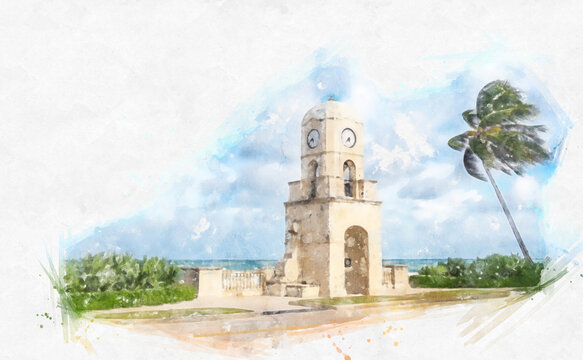 Palm Beach Worth Avenue clock tower Florida USA, watercolor digital art