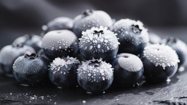 Macro shot of frozen blueberries covered in intricate ice crystals and white frost, arranged in a pile on a dark slate background with selective focus and cold aesthetic.